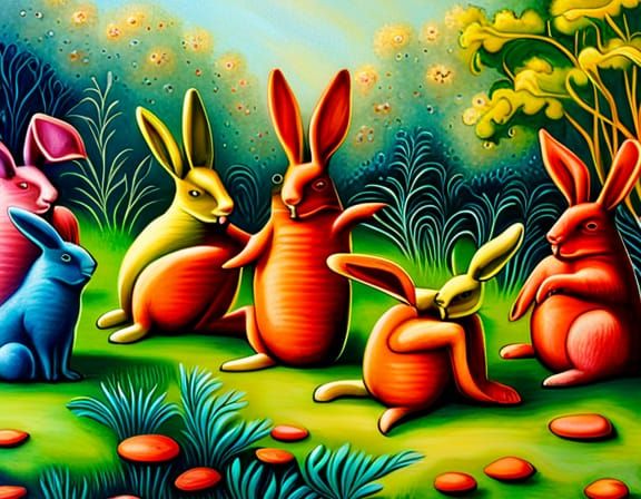 Kelly Freas multi colored large carrot garden landscape multiple bunny rabbit