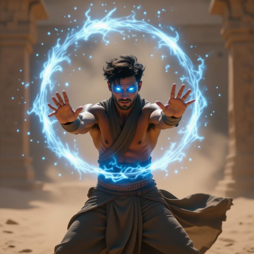 Young Man Channels Mystical Blue Energy in Desert Temple