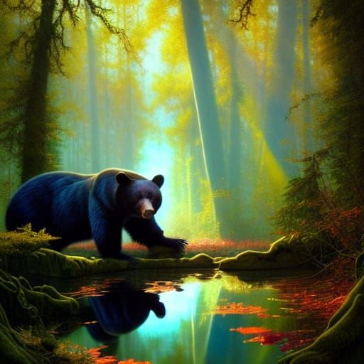 Black Bear in Reflective River, Rococo Style