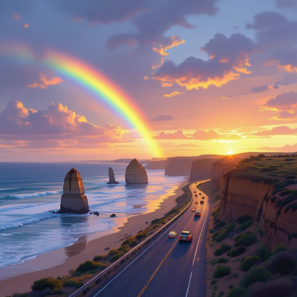 Great Ocean Road Rainbow Sunset: Digital Art Landscape