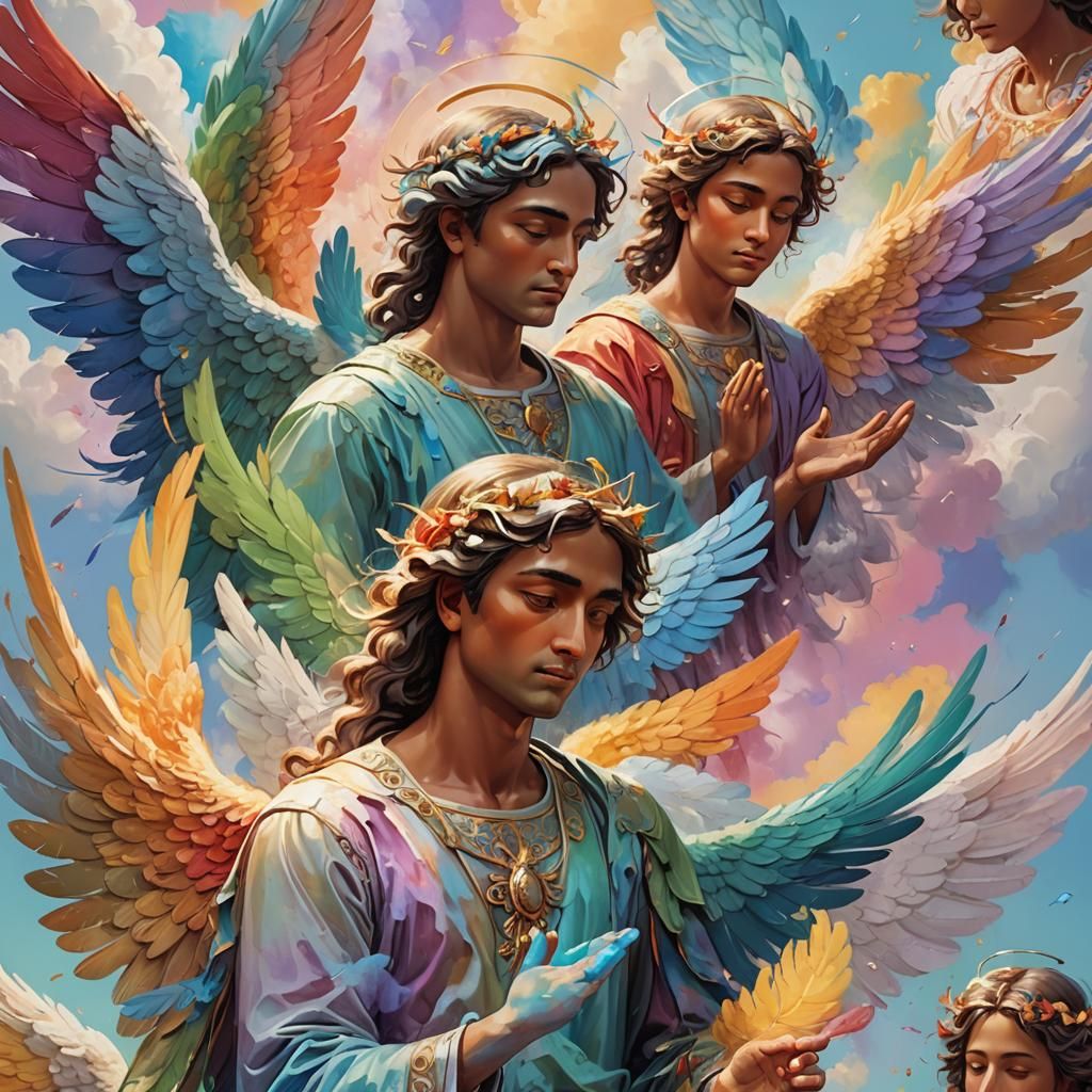 Colorful Angel Gabriel with Multiple Faces: Hyperrealistic A...