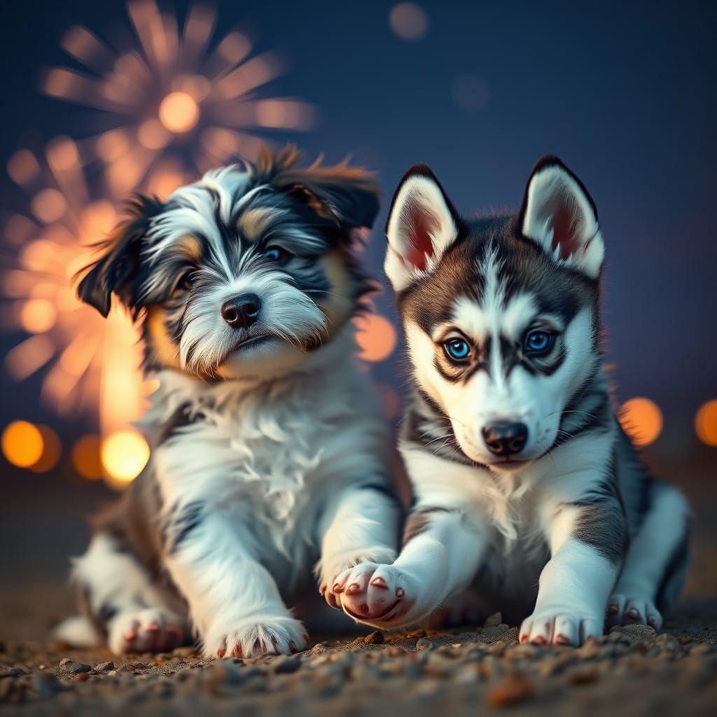 Cute Old English Sheepdog and Husky Puppies Play Under Starr...