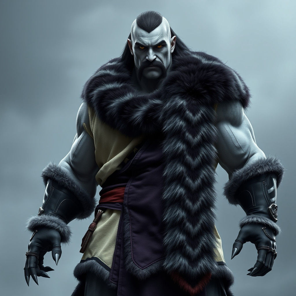 Muscular Figure with Yellow Eyes in Ornate Attire