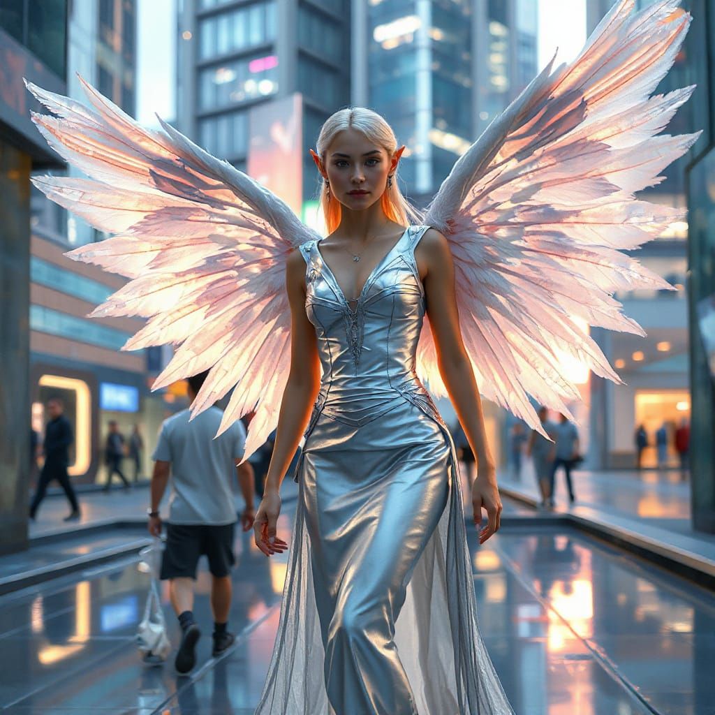 Elven Woman in Futuristic City with Feathered Wings