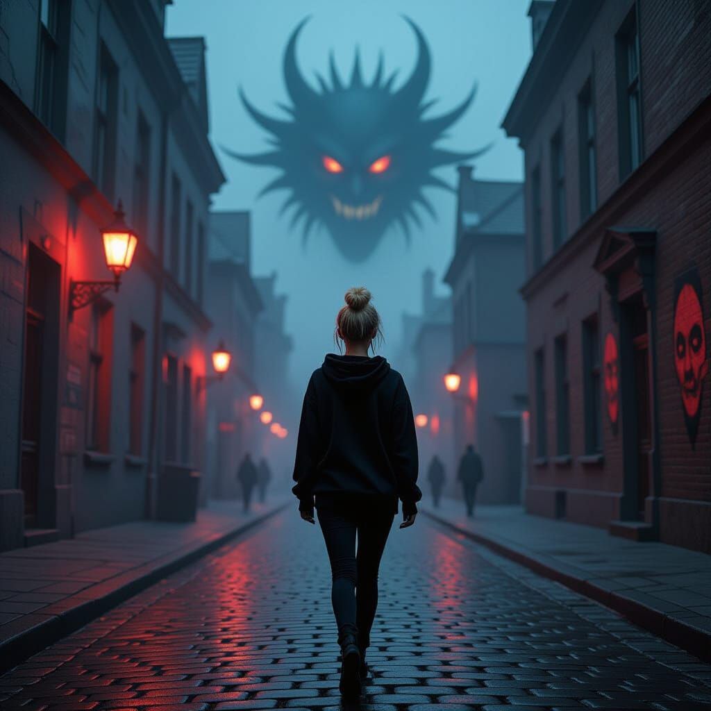 Nightmarish Vision: Woman on Blood-Red Street