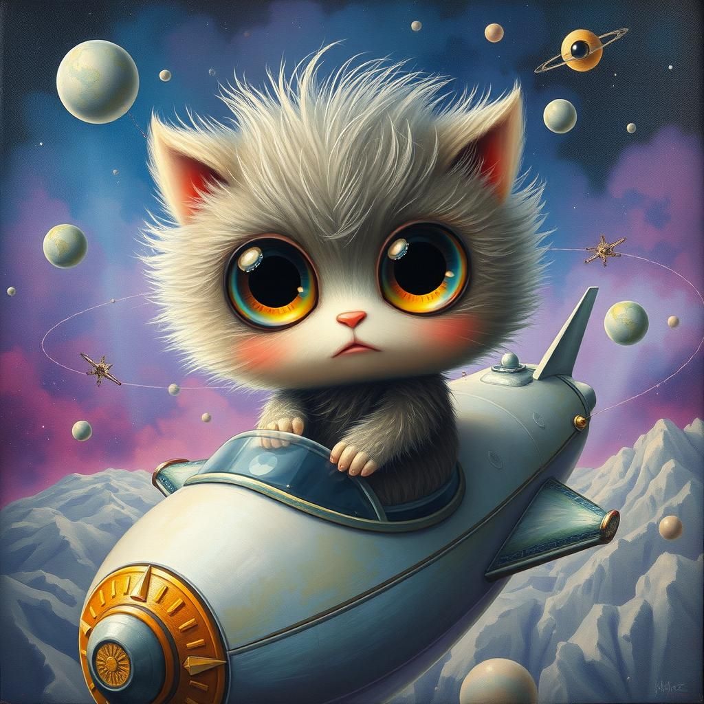 Surreal Chibi Character on Spaceship in Salvador Dali Style