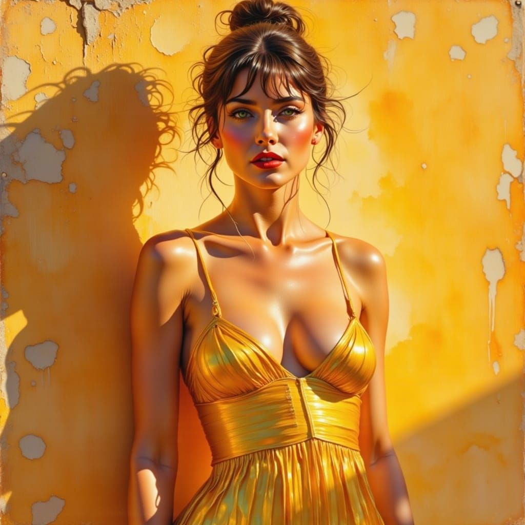 1930s Pin-Up Woman in Gold Dress, Zorn Palette