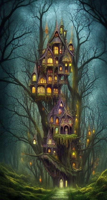 Dark Fairytale Castle Treehouse: Surreal Digital Art