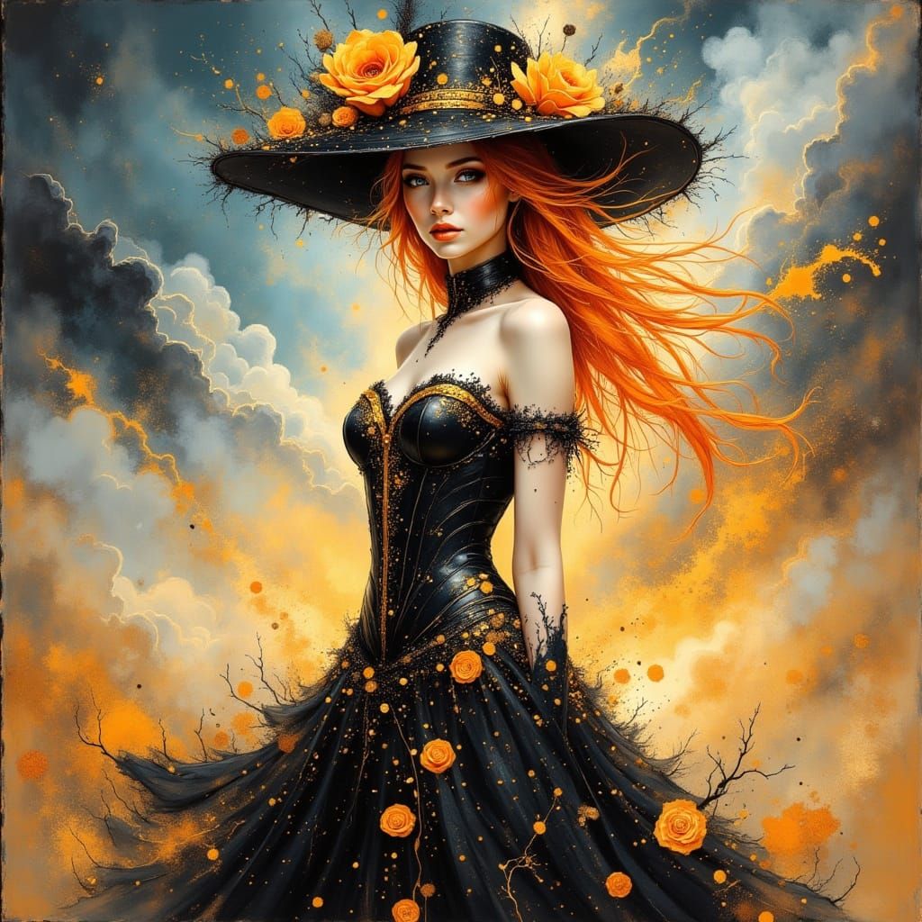 Elegant Futuristic Lady in Corseted Dress with Veil and Veil