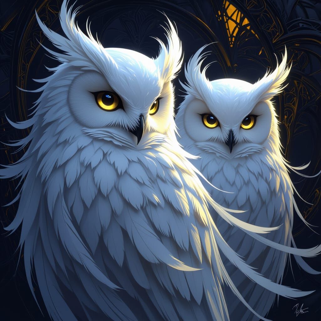 Ethereal White Owls in Dark Fantasy Scene