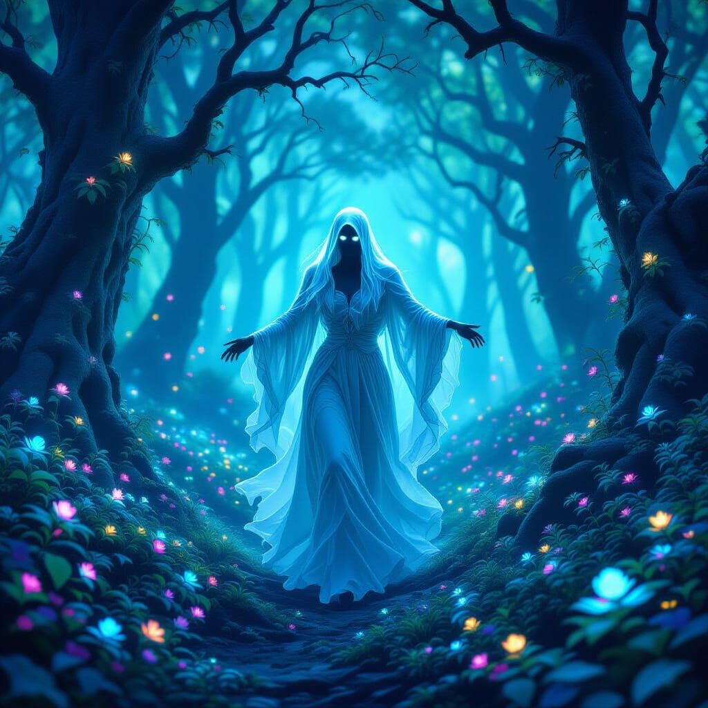 Ghostly Figure Dances in Bioluminescent Forest