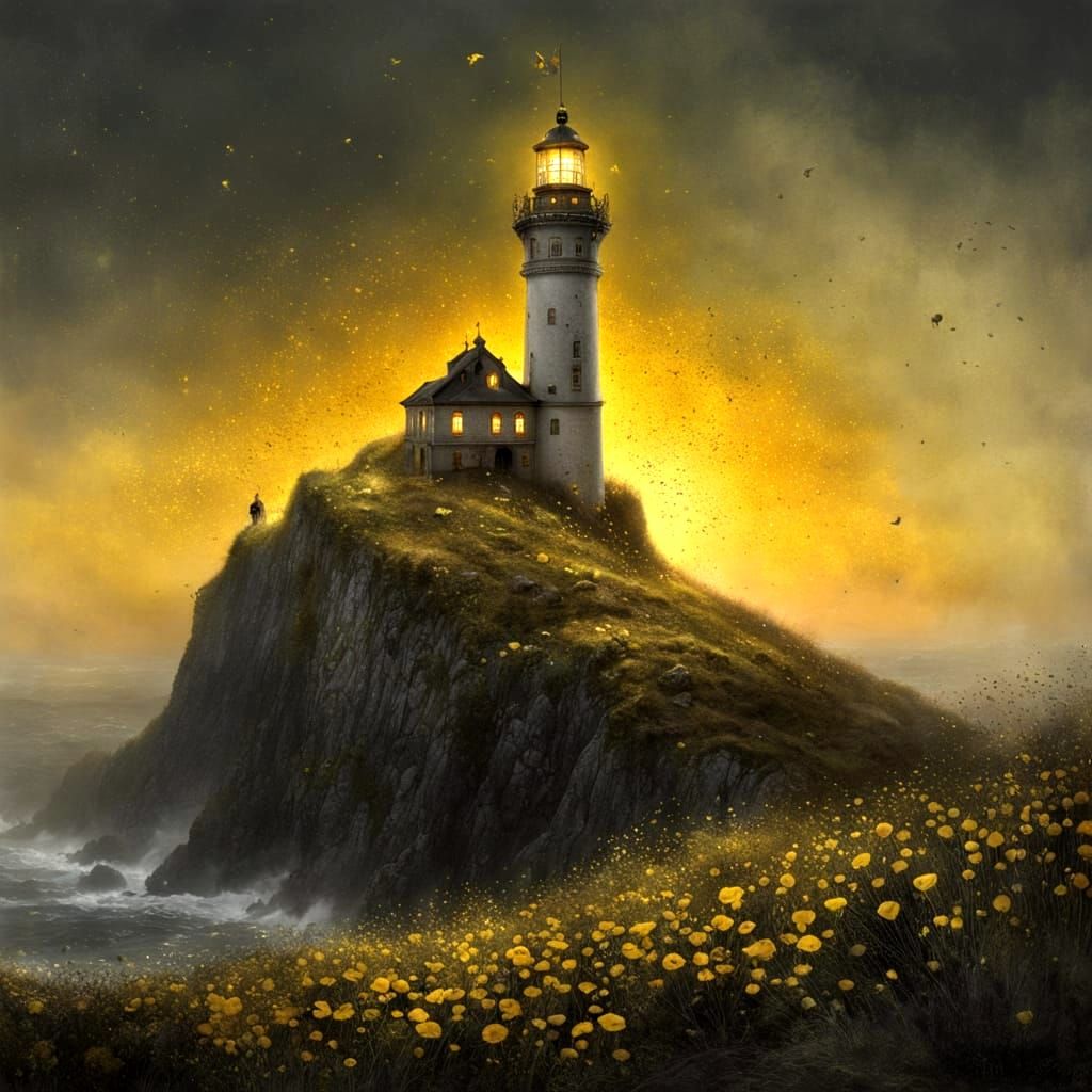 Luminous Lighthouse on a Vibrant Cliff, Sunset Masterpiece
