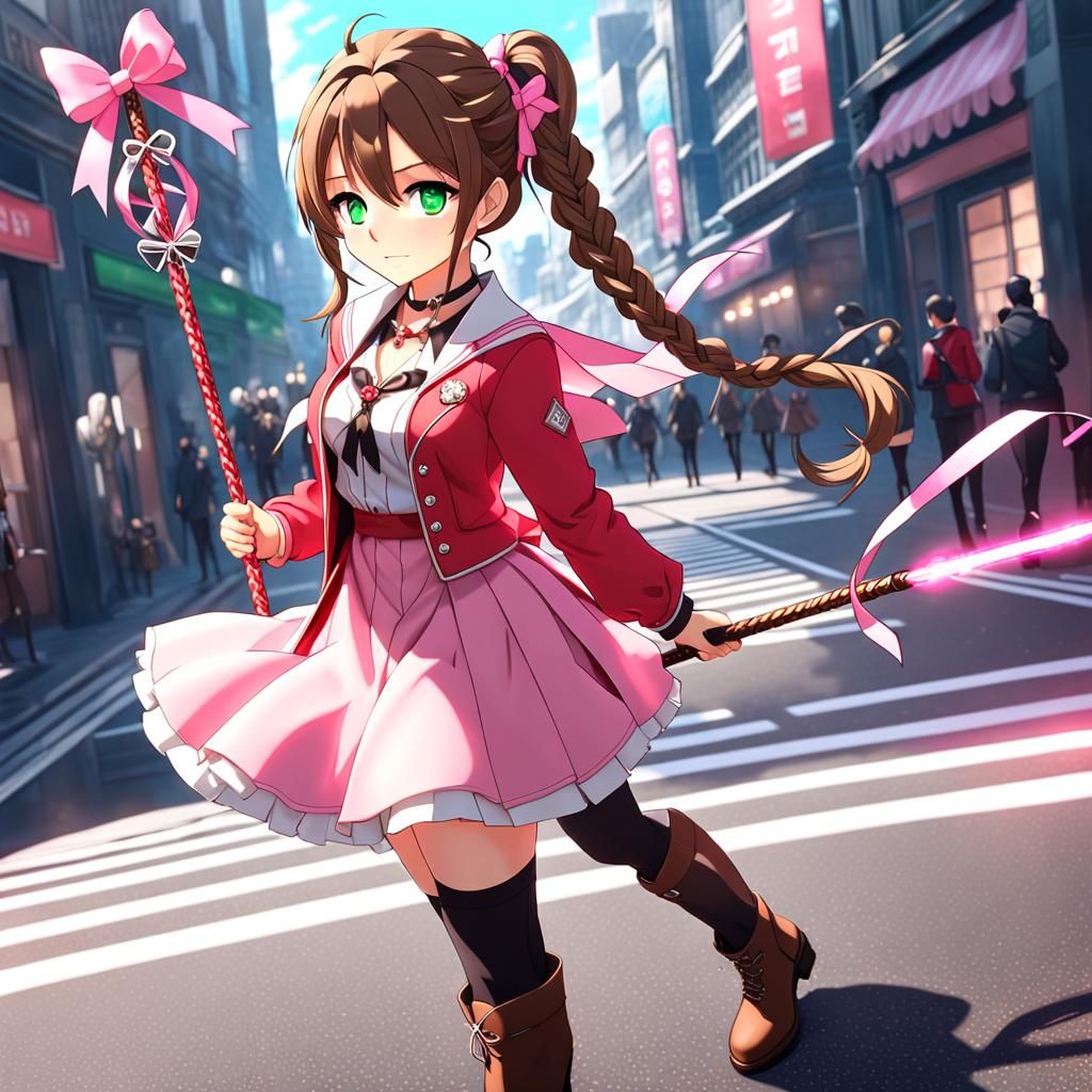 Anime Style Woman with Magic Staff, 3D Render