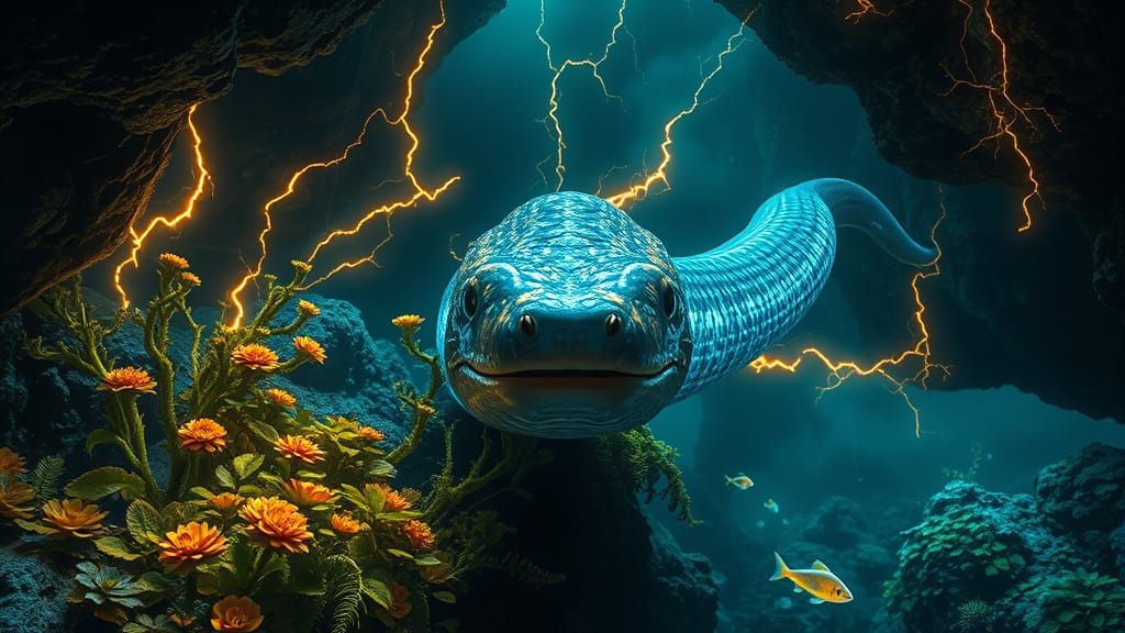Electric Eel in Bioluminescent Cave, Neon-Lit Alcohol-Ink St...