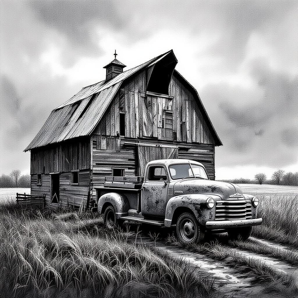 Charcoal Drawing of Old Barn and Antique Truck