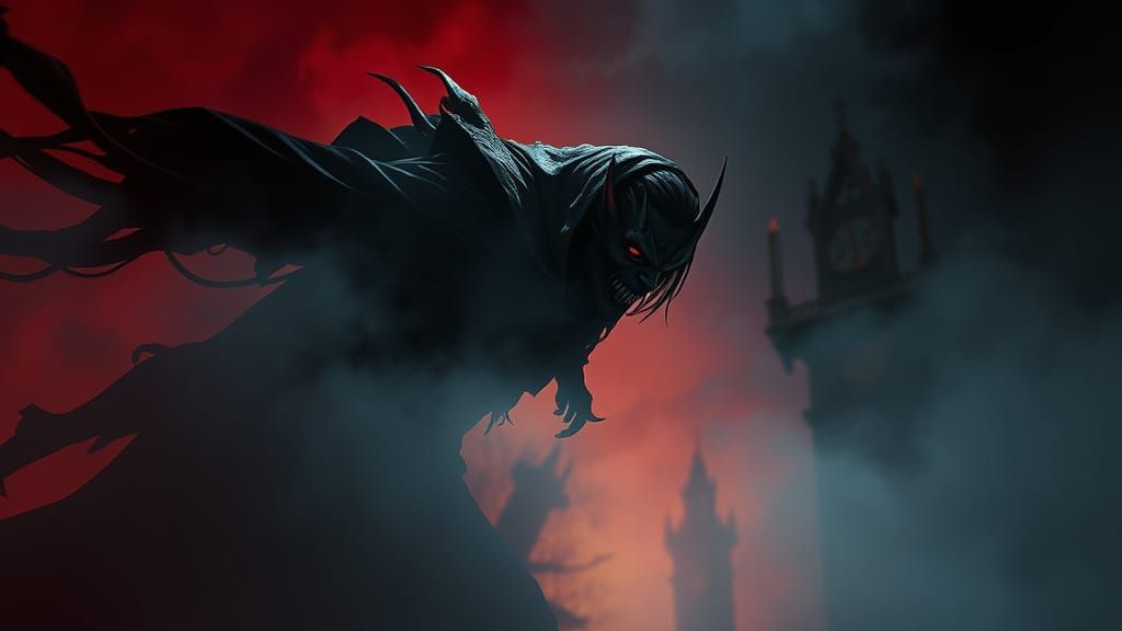 Gothic Vampire Emerges from Fog in Hyperrealistic Style