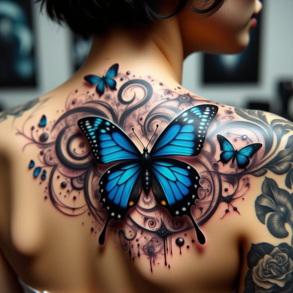 Stunning Butterfly Tattoo with 3D Effect in Vibrant Blue and...