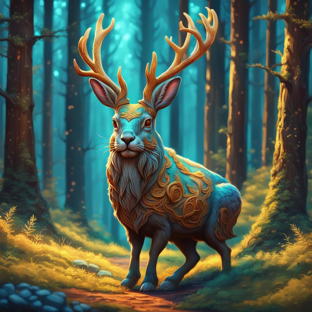 Jackalope in Forest, Celtic Art Style