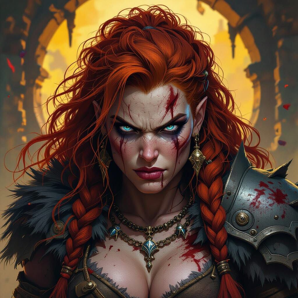 Fierce Barbarian Woman with Red Hair in Dark Fantasy Style