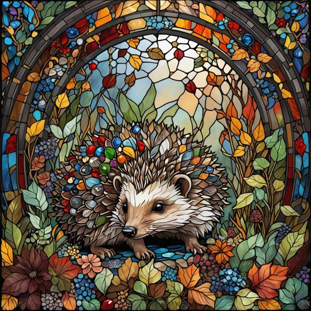 Stained Glass Hedgehog with Autumn and Ice Elements