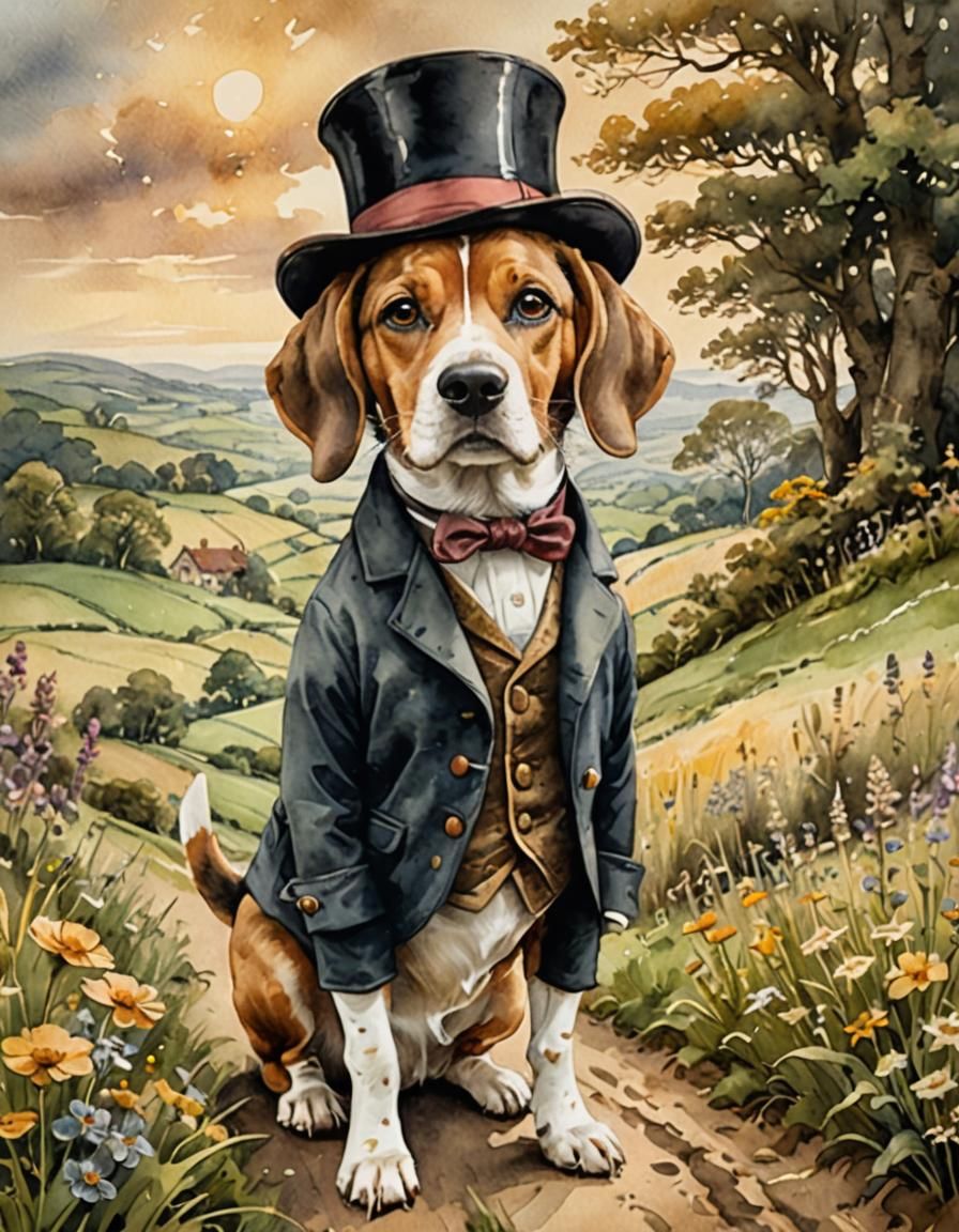 Victorian Beagle Dog in English Countryside Watercolor