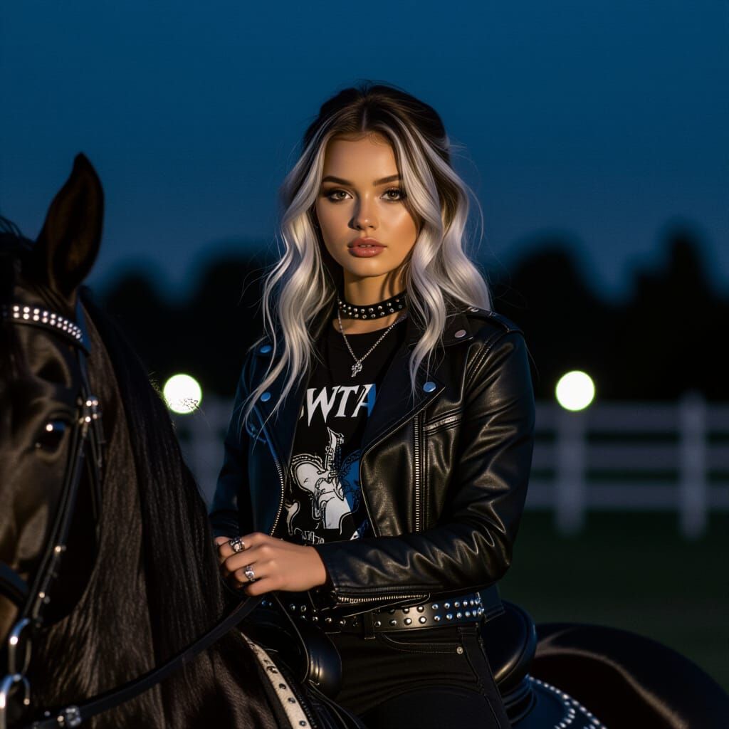 Pretty Girl Riding Black Horse at Night