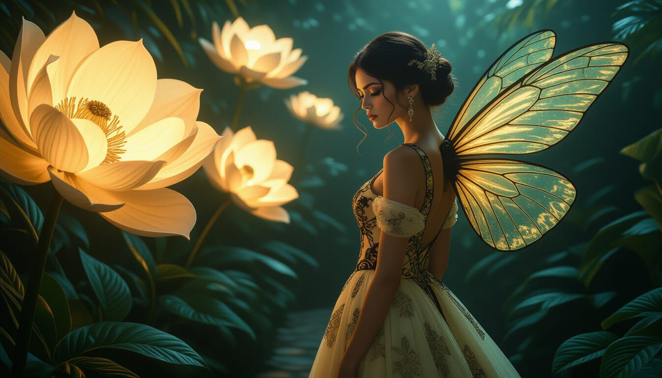 Ethereal Bee Woman in Bioluminescent Garden