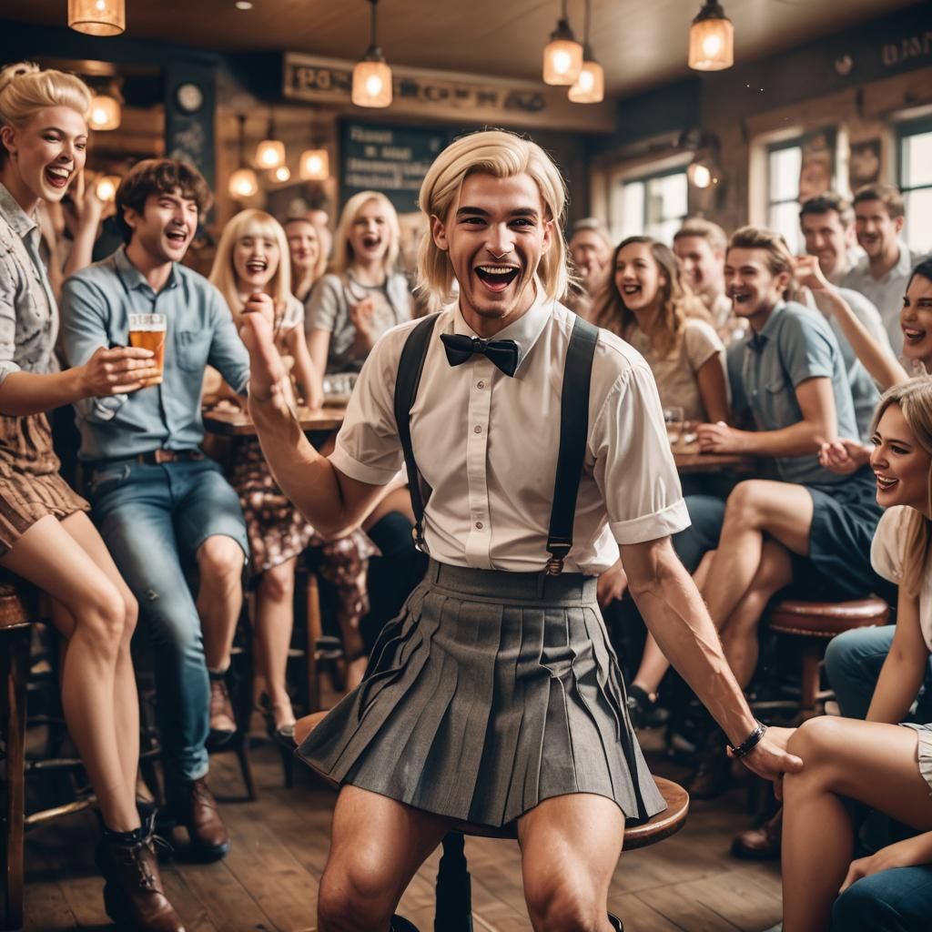 Elegant Masculine Figure Adorns Pleated Miniskirt in Fashion...