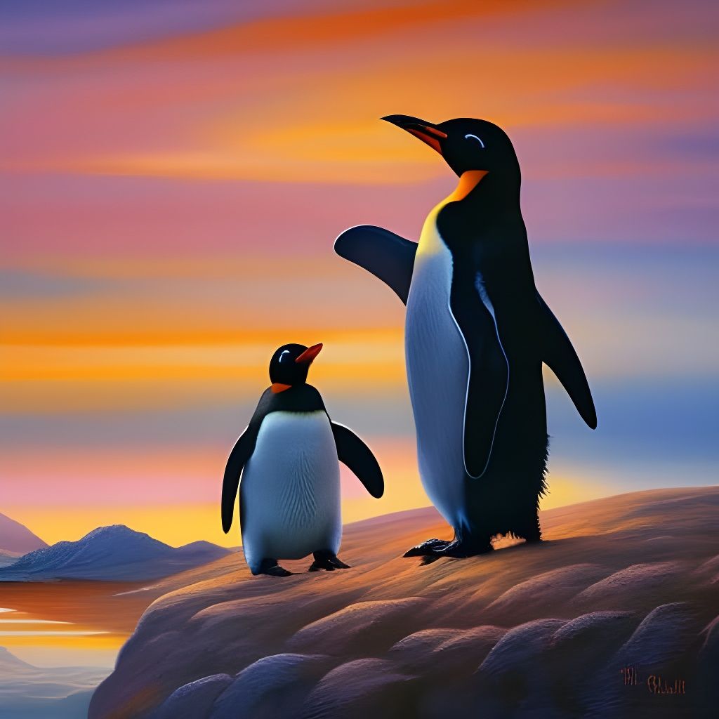 Romantic Penguins Heart Shape Sunset Digital Art