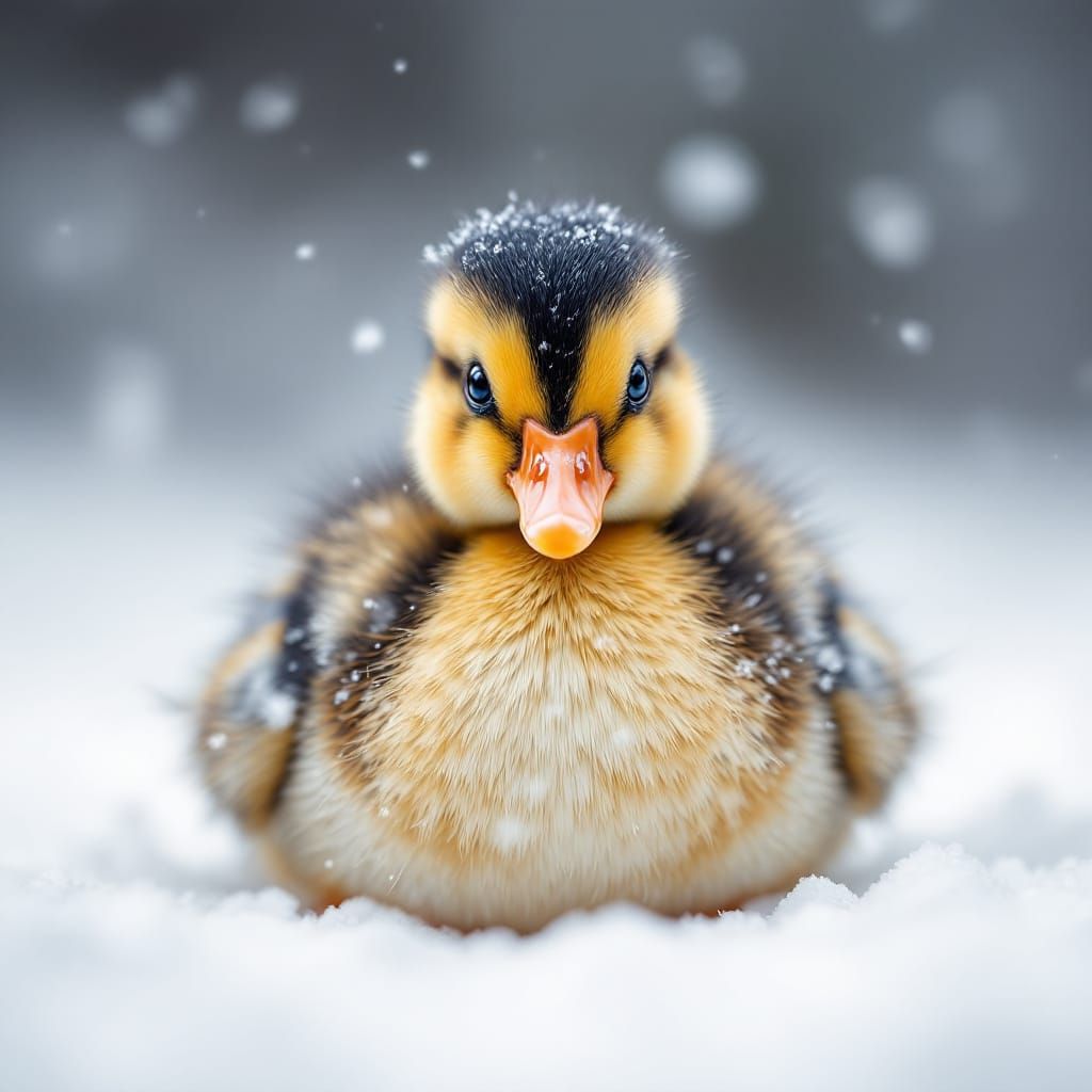 Realistic Mandarin Duckling Portrait in Snow