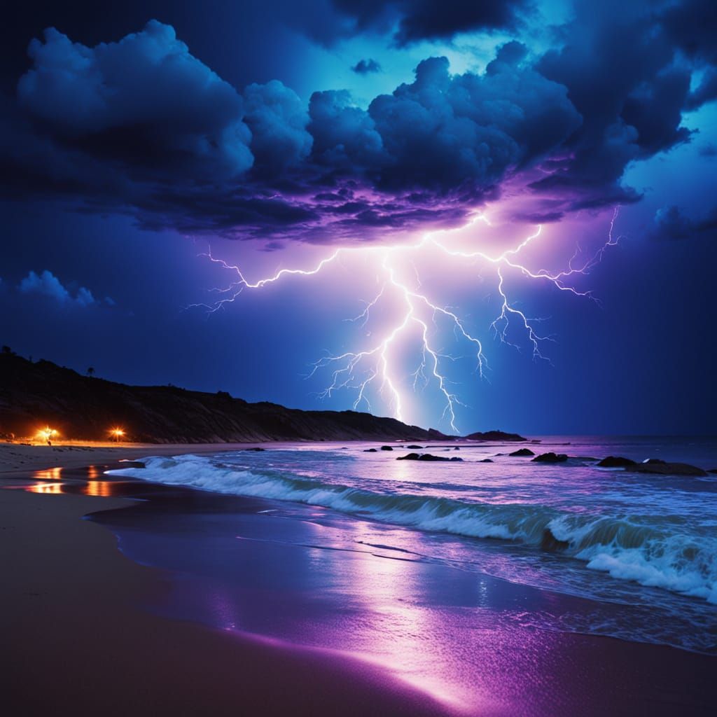 Vibrant Neon Lightning Illuminates Stormy Beach Scene in Cin...