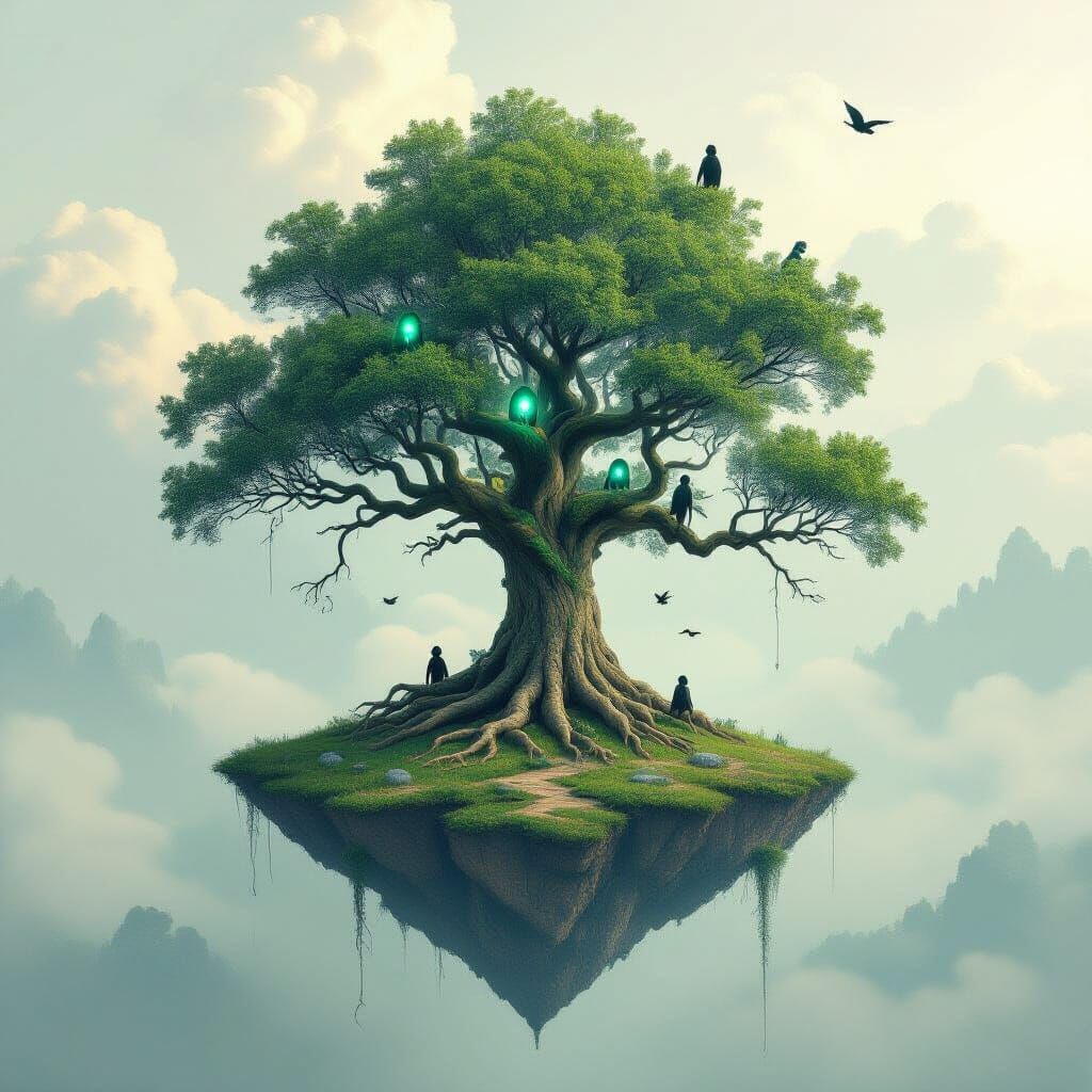 Ancient Tree Ecosystem on Floating Island in Twilight Mist