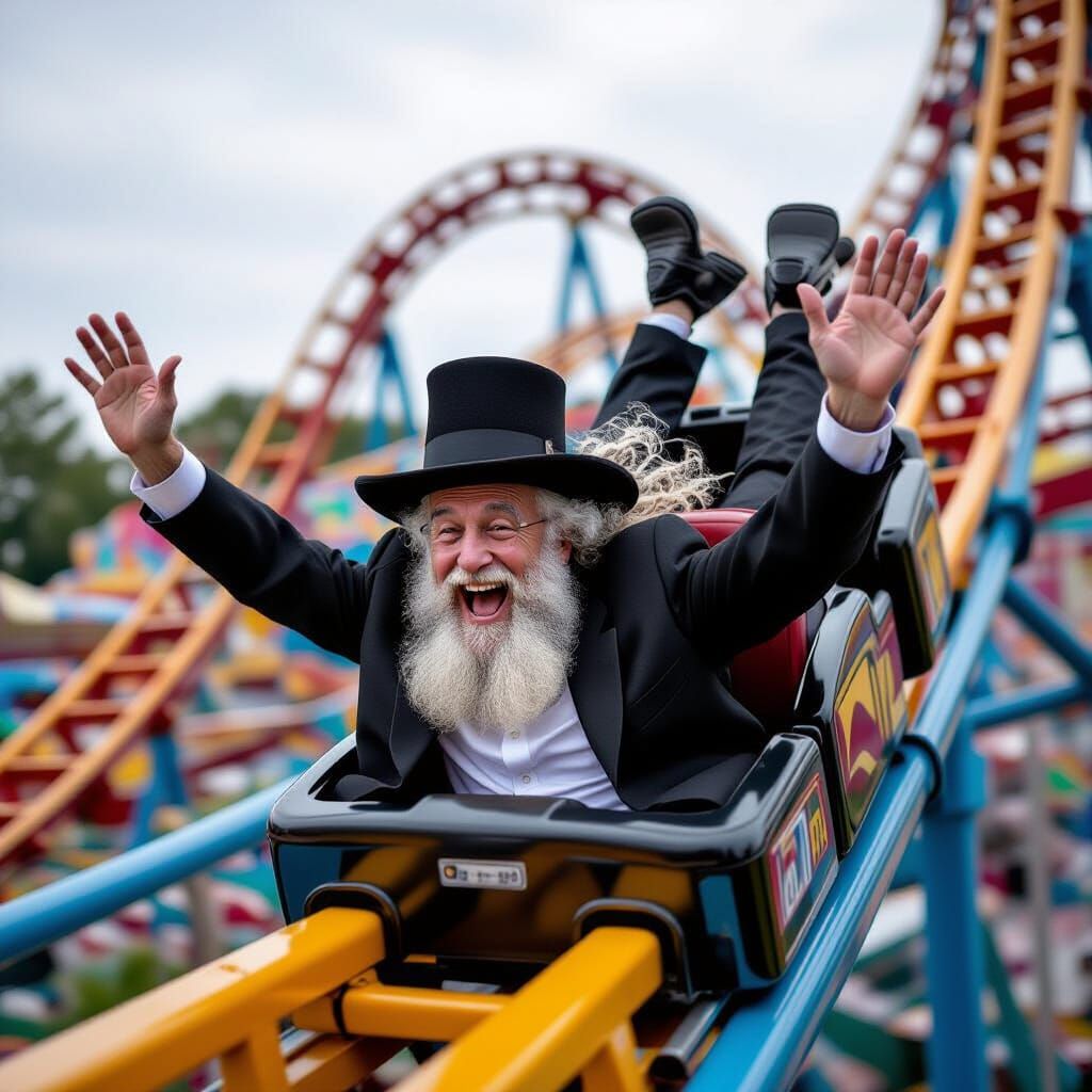 Joyful Hasidic Man on Upside-Down Roller Coaster