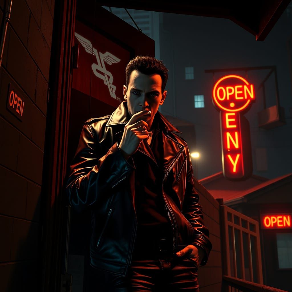 Neon Alleyway Figure in Leather Jacket at Night