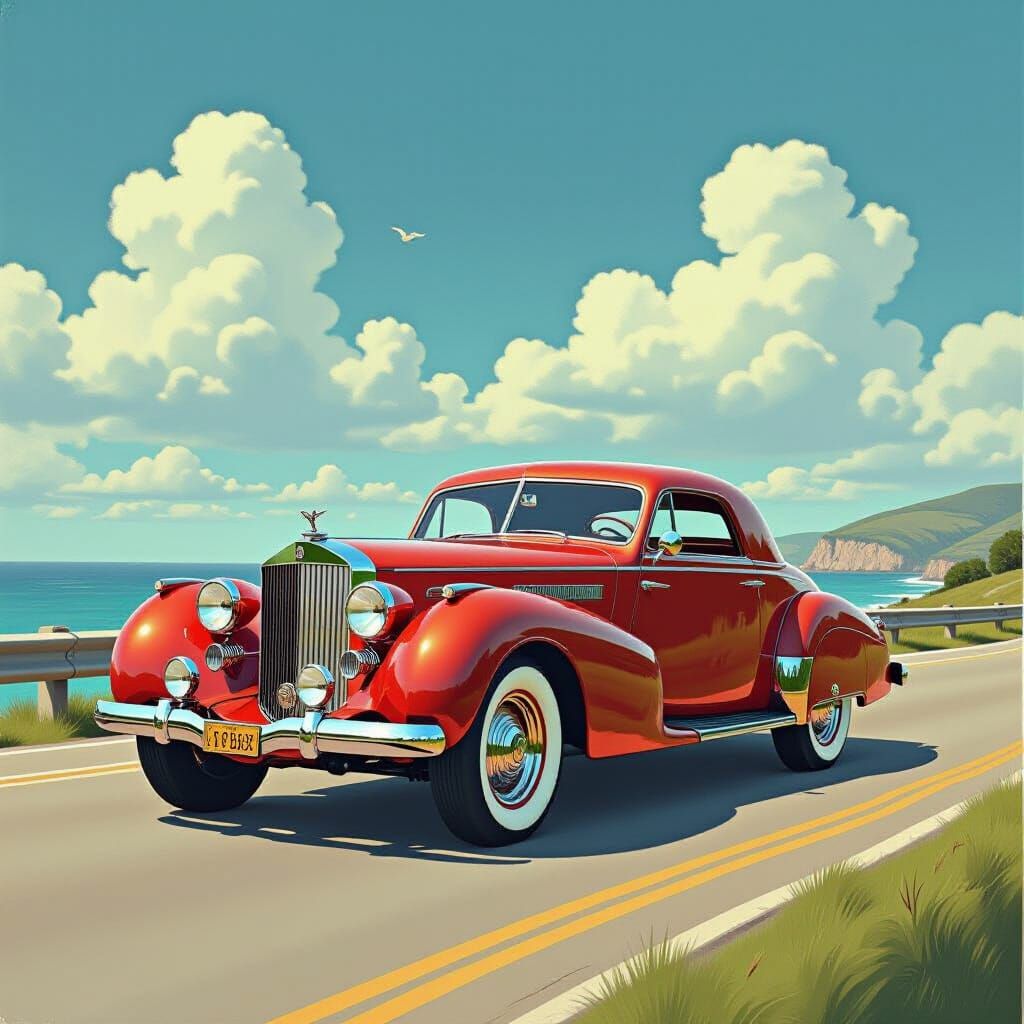Elegant Vintage Car on Scenic Road in Photorealistic Matte S...