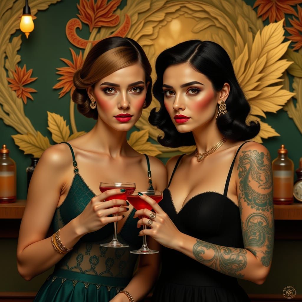 Glamorous Art Deco Couple Sipping Cocktails