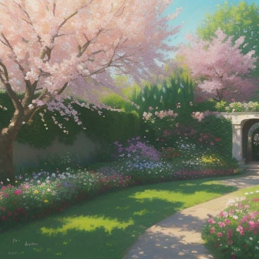 Impressionist Garden Scene: Vibrant Blooms in Golden Hour