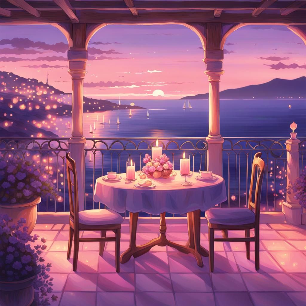 Mediterranean Terrace at Twilight in Cel-Shaded Style