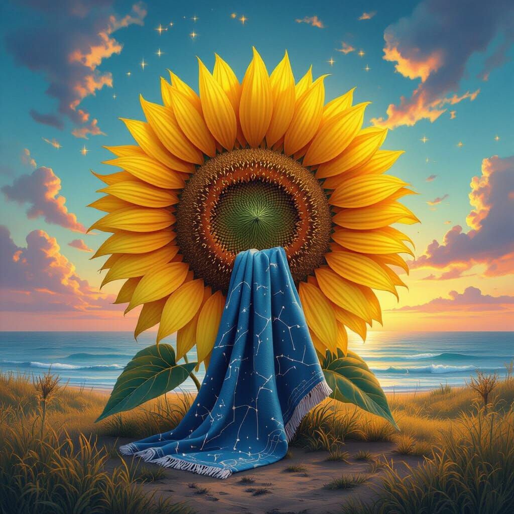 Giant Ancient Sunflower in Dreamlike, Colorful Landscape