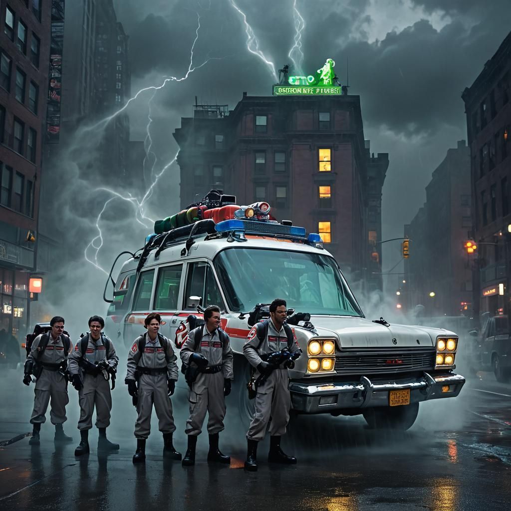 Ghostbusters Team Ready in Stormy Cityscape