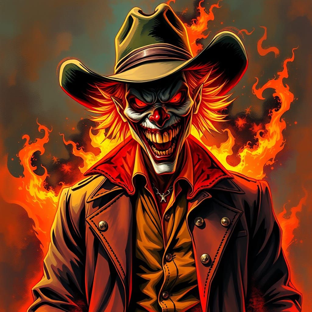 Cowboy Clown Enveloped in Hellish Flames