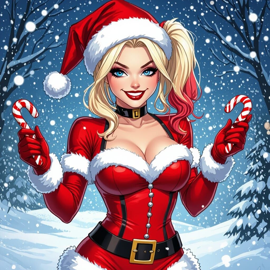 Harley Quinn in Santa Outfit Giving Candy Canes in Snowy Sce...