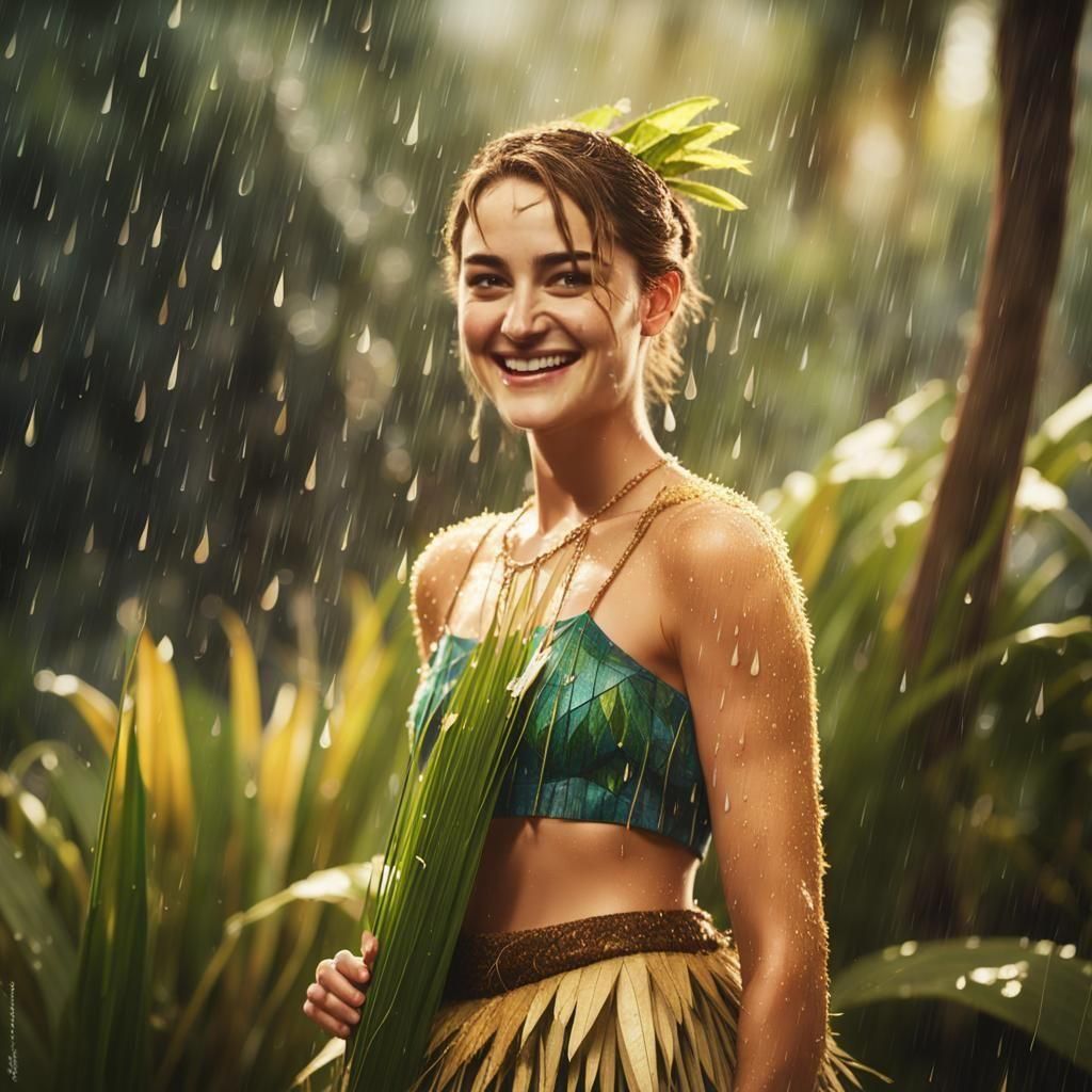 Woman with Golden Makeup Smiling in the Rain