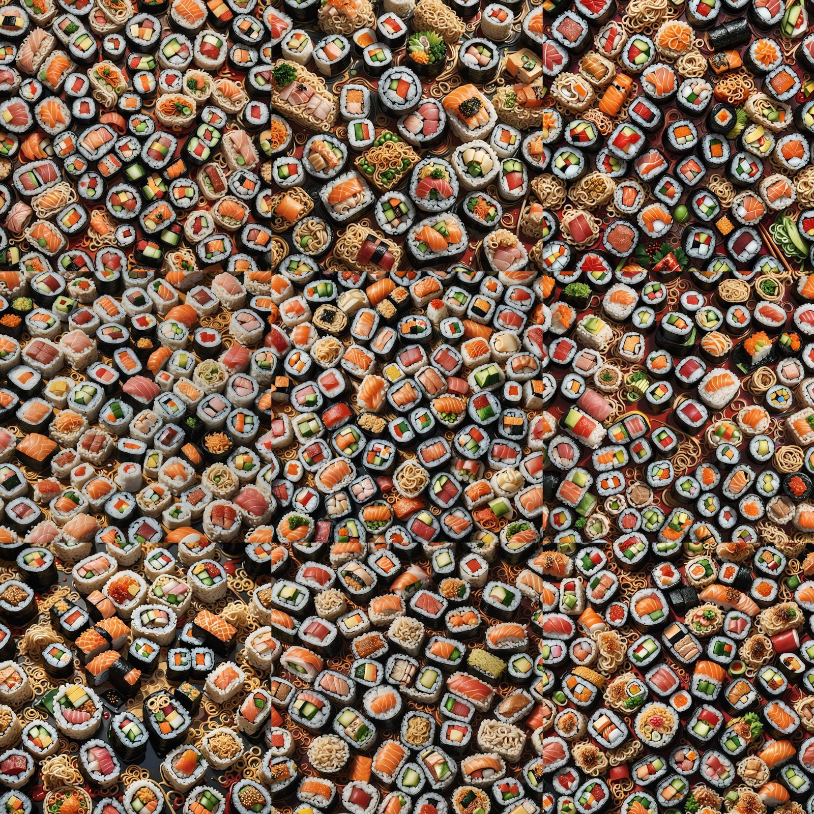 Hyperrealistic Sushi and Ramen Noodle Meal