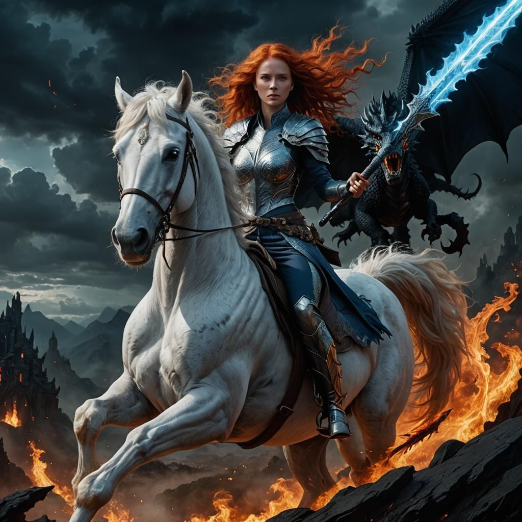 Heroic Redhead with Blue Sword on White Horse