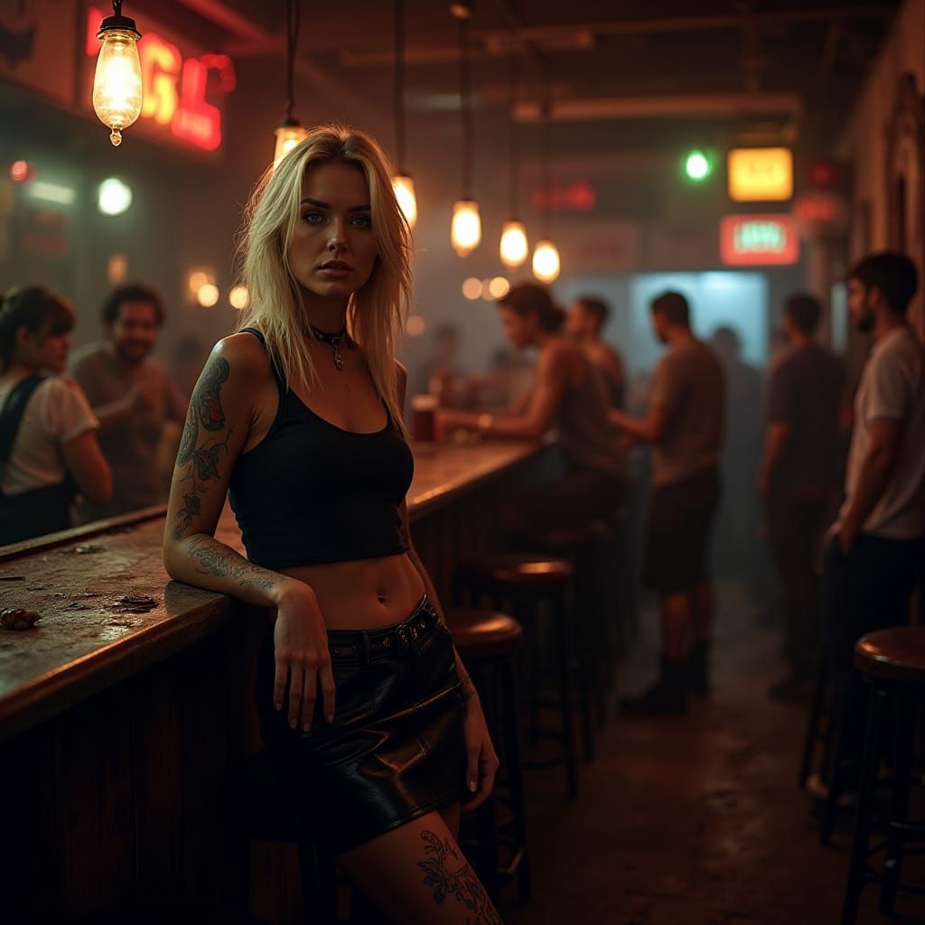 Hyperrealistic Photo of a Blond Woman in a Tavern