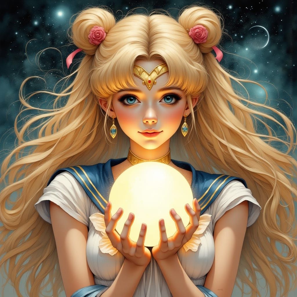 Giant Serene Sailor Moon Holding Moon in Painterly Anime Sty...