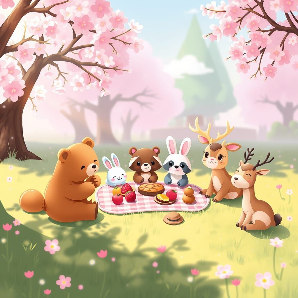 Animal Picnic in Nature, Kawaii Style