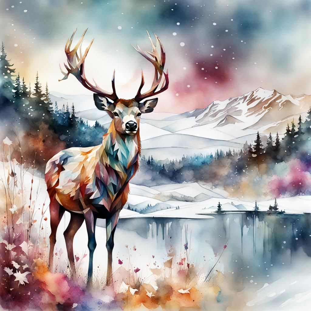 Winter Deer Illustration in Watercolor Style