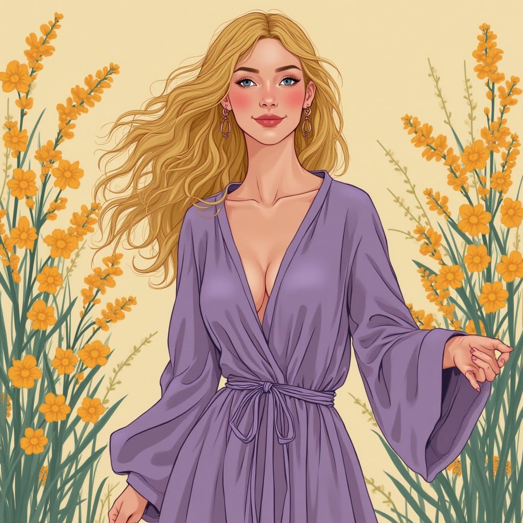 Blonde Woman in Floral Dress, Hyperrealistic Style